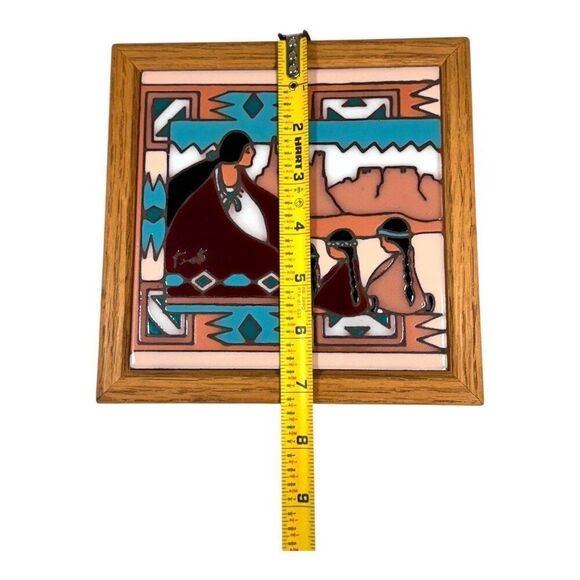 Navajo Southwest Ceramic Tile Trivet Wall Art Oak Frame Mother Daughter Mountain - Picture 5 of 5